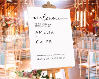 Minimalist Wedding Welcome Easel Sign Printable Template Black And White, Modern Wedding Large Outdoor Welcome Foam Board Greeting Sign #MI