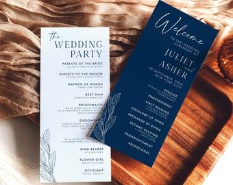 Rustic Navy Blue Wedding Program Template With Wedding Party, DIY Wedding Boho Blue Wedding Ceremony Template, Blue Editable Program #NAVY