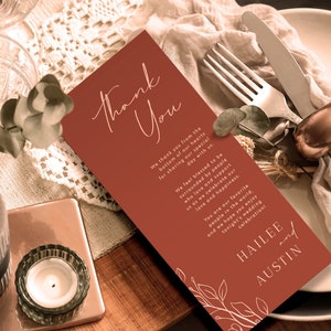 Plantilla de tarjeta de agradecimiento de mesa de boda de color naranja quemado / Carta de agradecimiento imprimible / Nota de agradecimiento de configuración de lugar / Nota de servilleta de boda #H1