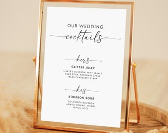 Signature Cocktails Menu Small Table Sign Modern Wedding Template, Minimalist Signature Drinks Sign 5x7, Printable His And Hers Drinks #MI