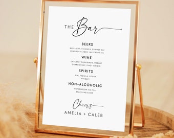 Small Wedding Framed Bar Menu Table Sign Minimalist Wedding Editable Template, Modern Wedding Bar Menu Sign 5x7, Printable Bar Menu Sign #MI