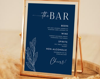 Small Navy Blue Wedding Bar Menu Sign Editable Template, Modern Bar Drinks Sign 8x10, Instant Download, Printable Templett Table Sign #NAVY