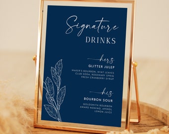 Navy Blue Wedding Signature Drinks Menu Sign Editable Template, Modern His and Hers Drinks Sign, Rustic Printable Wedding Drinks Sign #NAVY