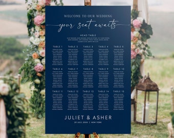 Navy Blue Wedding Seating Chart Sign Editable Template, Printable Wedding Table Seating Plan with Bridal Table 16 Tables Arrangement #NAVY