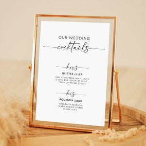 Signature Cocktails Menu Petite Table Signe Modèle de mariage moderne, Signature minimaliste Boissons Signe 5x7, Imprimable Ses boissons et ses boissons #MI