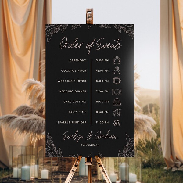 Dusty Pink Order of Events Wedding Sign Template with Black Background, Modern Ceremony Schedule Sign Foam Board Timeline Itinerary Sign #RG