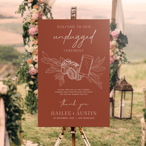 Burnt Orange Unplugged Ceremony Wedding Welcome Sign, Modern Minimalist Unplugged Sign Editable Template, No Devices Sign Easel Sign #H1