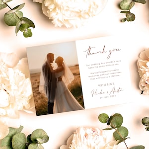 Modèle de carte de remerciement de mariage Boho moderne | Carte de remerciement de mariage Boho imprimable | Carte de remerciement photo de mariage minimaliste rustique # B1