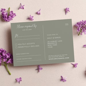 Modello di cartolina RSVP verde salvia per matrimonio minimalista, cartolina RSVP verde salvia stampabile, carta RSVP modificabile moderna 4x6" Templett #SG1