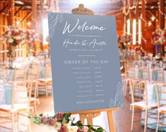 Dusty Blue Wedding Timeline Sign Editable Template, Large Wedding Program Sign Boho Modern Order Of The Day Sign, Wedding Schedule Sign #DBL
