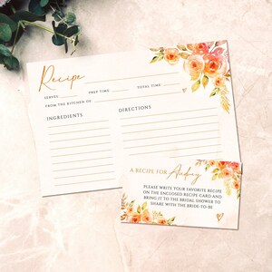Autumn Bridal Shower Recipe Card Template With Burnt Orange Flowers | Rustic Bridal Shower Insert Card | Fall Wedding Printable Card #FL1