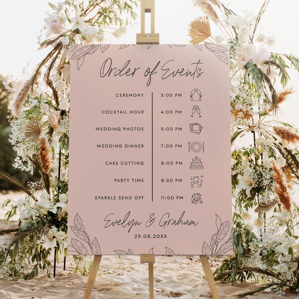 Rose Gold Order of Events Wedding Itinerary Sign Editable Template, Modern Minimalist Ceremony Schedule Sign Foam Board Timeline Sign #RG