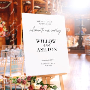 Black and White Minimalist Wedding Welcome Sign Template, Large Modern Welcome Sign, Script We&#39;re So Glad You&#39;re Here, Editable Sign #BW1