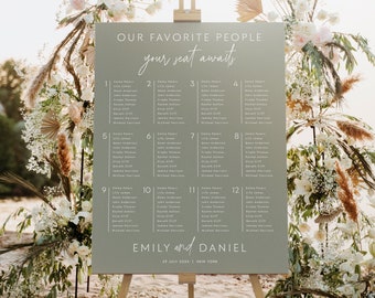 Sage Green Wedding Seating Chart Sign Template | 12 Table Seating Arrangement Sign | Minimalist Seating Plan | Eucalyptus Wedding Decor #SG1