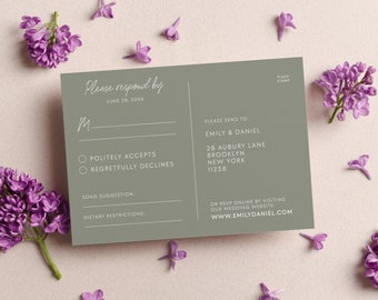 Modello di cartolina RSVP verde salvia per matrimonio minimalista, cartolina RSVP verde salvia stampabile, carta RSVP modificabile moderna 4x6" Templett #SG1