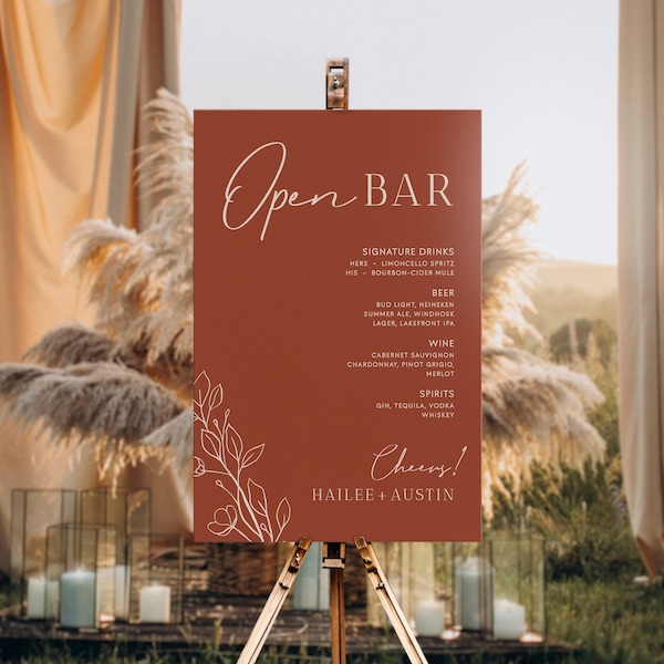 Large Editable Open Bar Sign for Burnt Orange Wedding, Outdoor Bar Sign, Big Bar Sign Poster, Open Bar Menu Sign, Customizable Templates #H1