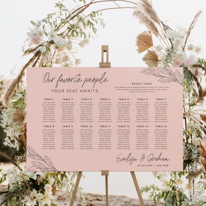 Landscape Rose Gold Wedding Table Seating Chart Easel Sign Template, Modern Minimalist Seating Chart Sign, Large Wedding Seating Plan #RG