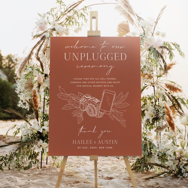 Modèle de plaque de cérémonie Unplugged en terre cuite | Carte de mariage débranchée orange brûlée | Cérémonie sans appareil | Moderne Minimal Unplugged #AU1