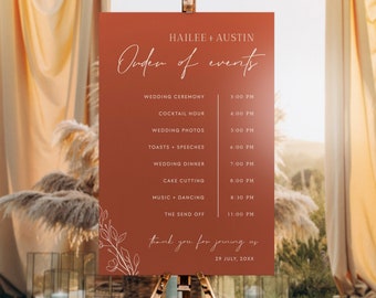 Burnt Orange Wedding Order Of Events Sign Template | Boho Wedding Timeline Poster  | Terracotta Wedding Day Sign | Order Of The Day Sign #H1