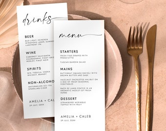 4x9 Minimalist Wedding Menu And Drinks Menu Card Printable Template, Elegant Wedding Editable Dinner Menu, Wedding Reception Dinner Menu #MI