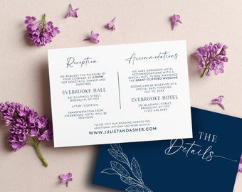 Boho Blau Hochzeit Anpassung Details Karte Bearbeitbare Vorlage, Einladung Einlage Details Karte, Marine Blau Kleine Details Karte Templett #NAVY