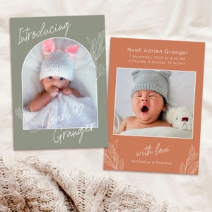 Sage and Terracotta Newborn Baby Announcement Card With Birth Stats | Editable Printable Template | DIY Baby Photo Card | Newborn Photo #BA1