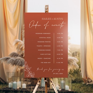 Burnt Orange Wedding Order Of Events Sign Template | Boho Wedding Timeline Poster  | Terracotta Wedding Day Sign | Order Of The Day Sign #H1