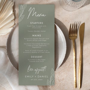 Modèle de menu de dîner de mariage vert sauge avec carte de boissons, modèle de menu vert imprimable, menu de boissons de mariage, carte de menu de mariage moderne #SG1