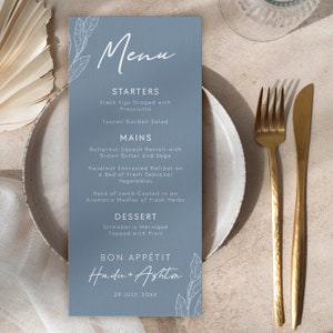 Dusty Blue Wedding Menu Card and Drinks Menu Card Template, Editable Printable Menus, Modern Minimalist Wedding Table Menu, Templett #DBL