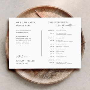 Minimalistischer Wochenend-Hochzeitsplan und Dankesschreiben-Vorlage, moderne Dankeskarte und Reihenfolge der Ereignisse Hochzeits-Wochenendplan #MI