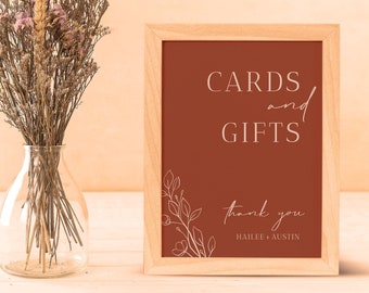 Placas de cartões e presentes para casamento laranja queimado, modelo editável, placa de presentes de casamento de terracota, placa de presente de chá de panela, DIY moderno # H1