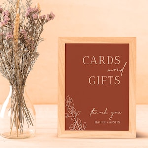 Cartes et signes de cadeaux pour le mariage orange brûlé, modèle modifiable, signe de cadeaux de mariage en terre cuite, signe de cadeau de douche nuptiale, bricolage moderne #H1