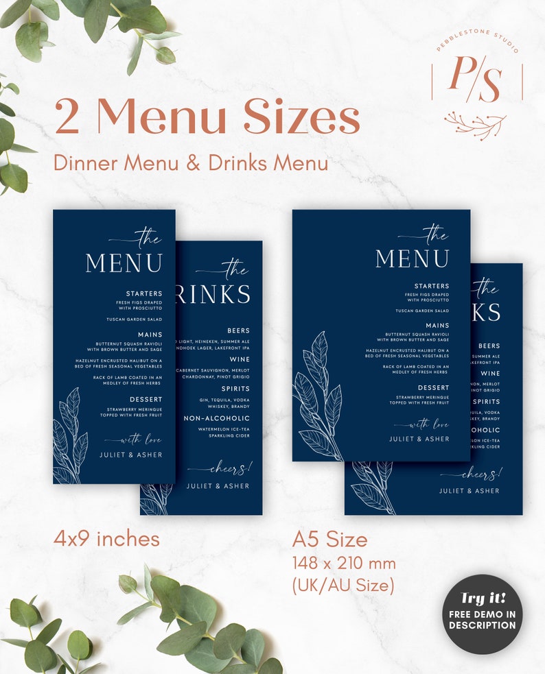 Navy Blue Wedding Dinner Menu Cards Editable Template, Boho Blue Drinks Menu, Printable Wedding Menu, Modern Blue Table Menu, Templett NAVY image 6
