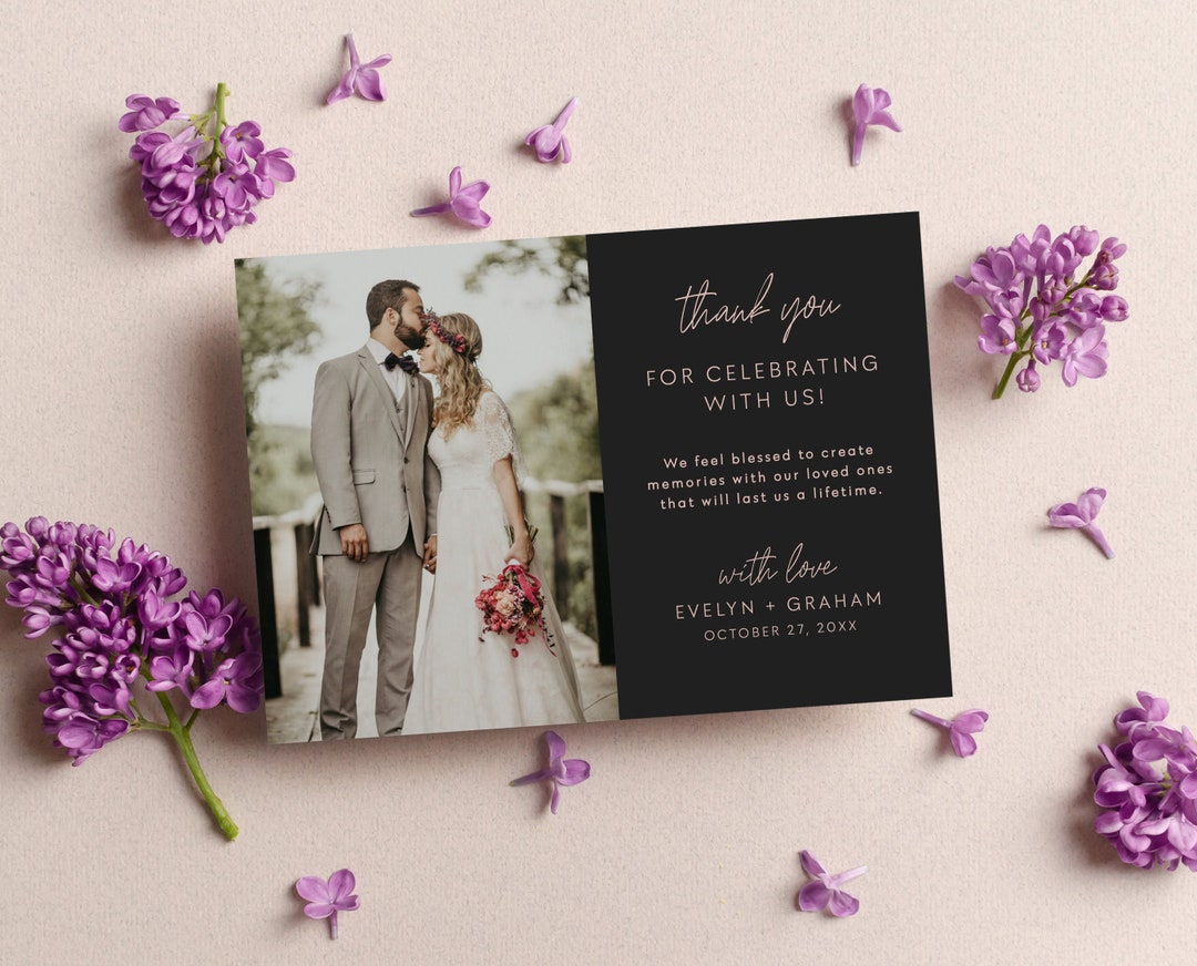 Rose Gold and Black Wedding Thank You Card, Modern Minimalist Thank You ...