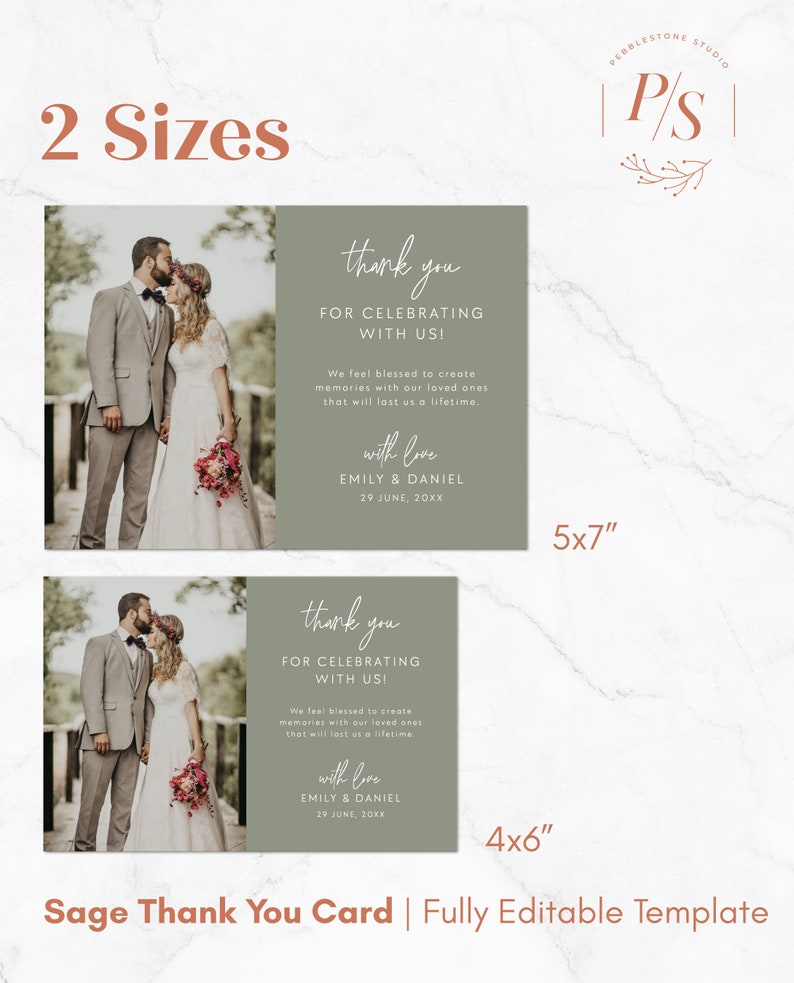 Photo Sage Green Wedding Thank You Card Template | Printable Sage Green ...