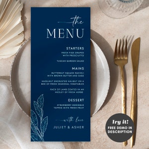 Navy Blue Wedding Dinner Menu Cards Editable Template, Boho Blue Drinks Menu, Printable Wedding Menu, Modern Blue Table Menu, Templett NAVY image 2