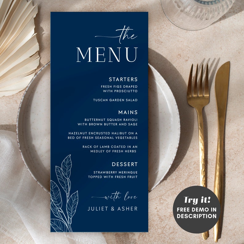Navy Blue Wedding Dinner Menu Cards Editable Template, Boho Blue Drinks Menu, Printable Wedding Menu, Modern Blue Table Menu, Templett NAVY image 2