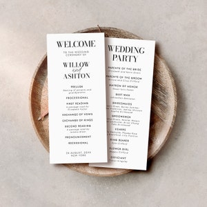 Plantilla editable de tarjetas de programa de boda minimalista / Programa de ceremonia de boda moderno / Orden mínimo de ceremonia / Tarjeta de programa de bricolaje #BW1