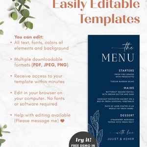Navy Blue Wedding Dinner Menu Cards Editable Template, Boho Blue Drinks Menu, Printable Wedding Menu, Modern Blue Table Menu, Templett NAVY image 7
