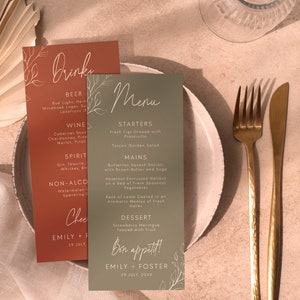 Szablon menu weselnego w kolorze szałwii z kartą napojów | Szablon zielonego menu do druku | Menu drinków weselnych w kolorze rdzy | Rustykalna karta menu weselnego #SG1