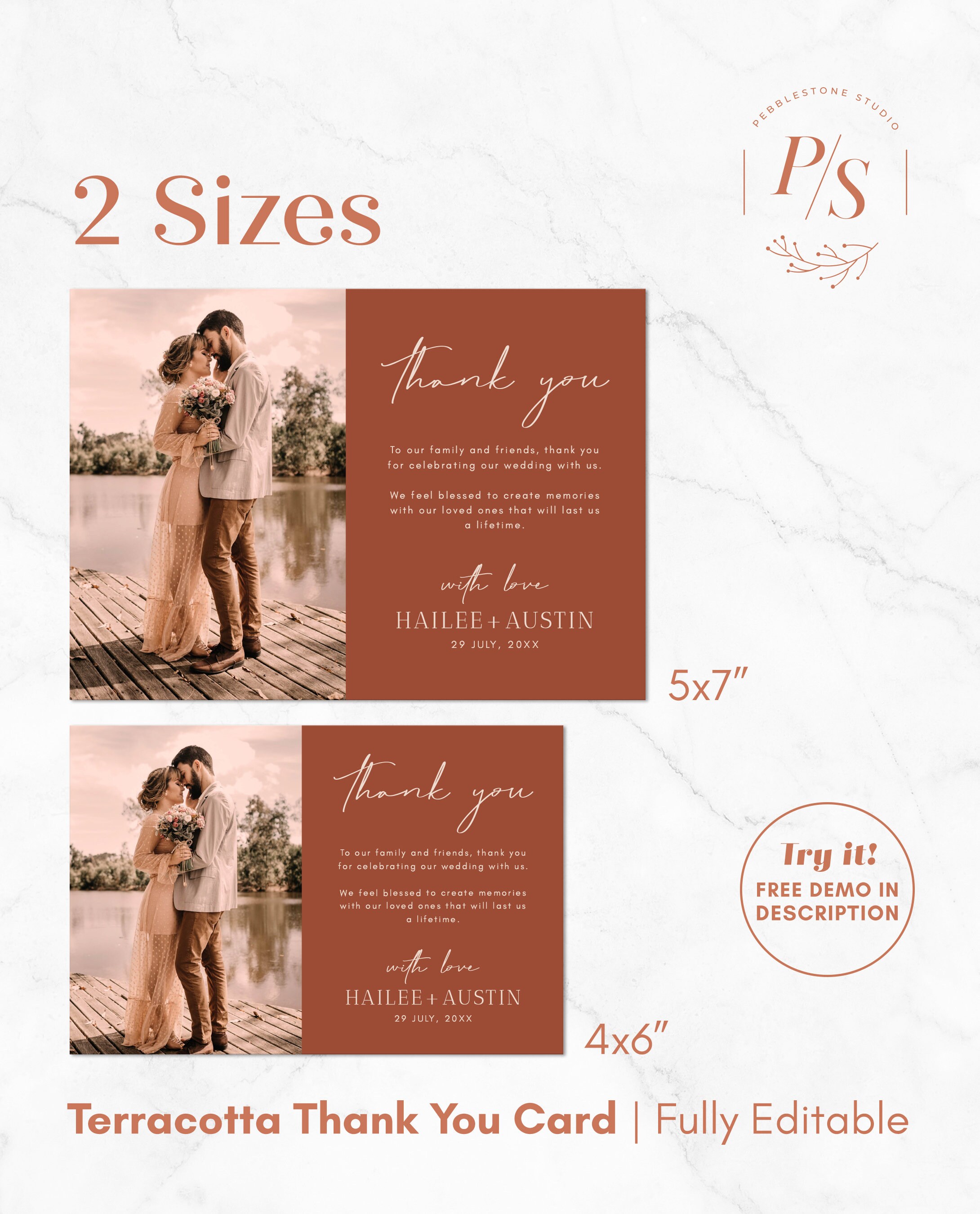 Terracotta Wedding Photo Thank You Card Editable Template | Burnt ...