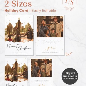 May include: A Christmas card template with a family photo in a forest setting. The card is available in two sizes: 5x7 inches and 4x6 inches. The text on the card reads "Merriest Christmas" and "Wishing you and your family a wonderful festive season filled with good food, laughter and joy. With love, [names]".