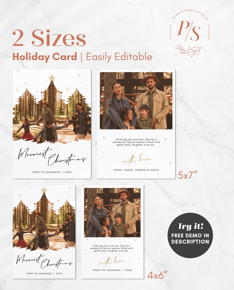 May include: A Christmas card template with a family photo in a forest setting. The card is available in two sizes: 5x7 inches and 4x6 inches. The text on the card reads "Merriest Christmas" and "Wishing you and your family a wonderful festive season filled with good food, laughter and joy. With love, [names]".