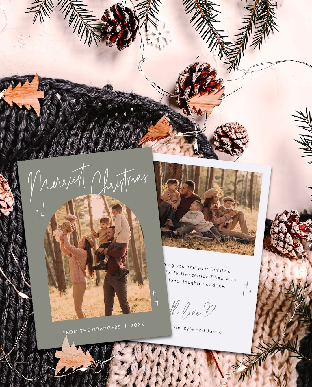 Sage Green Family Photo Christmas Card Editable Template Minimalist