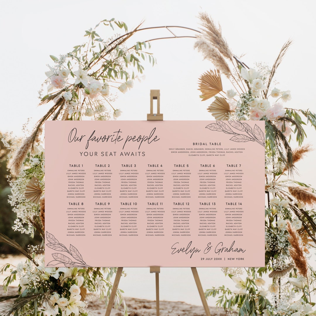 Landscape Rose Gold Wedding Table Seating Chart Easel Sign Template ...