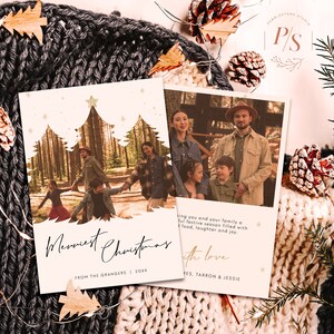 May include: A Christmas card with a photo of a family in a forest setting. The card has a gold glitter background and the text "Merriest Christmas" in gold script. The text "From the Grangers | 20XX" is printed below the photo. The card also includes a message wishing the recipient a happy holiday season.
