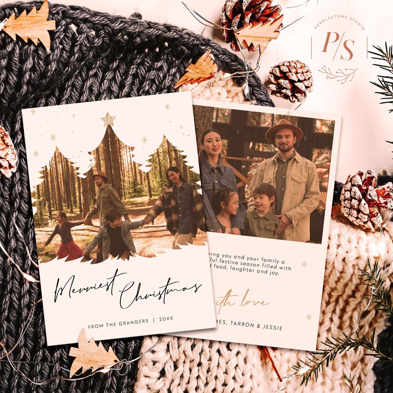 May include: A Christmas card with a photo of a family in a forest setting. The card has a gold glitter background and the text "Merriest Christmas" in gold script. The text "From the Grangers | 20XX" is printed below the photo. The card also includes a message wishing the recipient a happy holiday season.