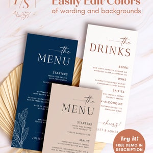Navy Blue Wedding Dinner Menu Cards Editable Template, Boho Blue Drinks Menu, Printable Wedding Menu, Modern Blue Table Menu, Templett NAVY image 3