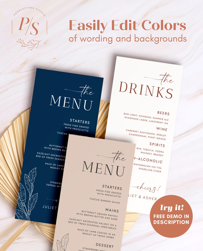 Navy Blue Wedding Dinner Menu Cards Editable Template, Boho Blue Drinks Menu, Printable Wedding Menu, Modern Blue Table Menu, Templett NAVY image 3