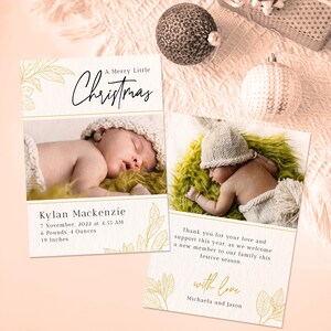 Plantilla de tarjeta de anuncio de bebé navideño para recién nacidos y estadísticas de nacimiento / Una pequeña tarjeta de Navidad feliz / Tarjeta de agradecimiento mínima para bebés recién nacidos #MC1
